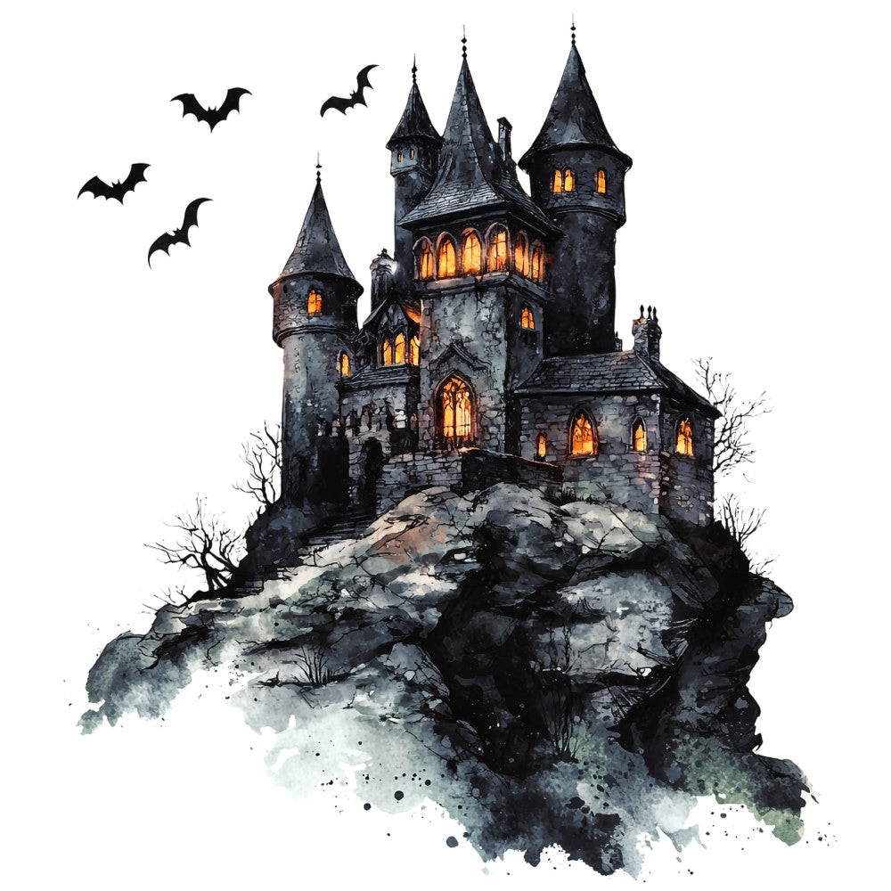 haunted house, gothic castle, dark gray, charcoal black, golden yellow, orange glow, spooky, halloween, bats, creepy, illuminated windows, stone castle, medieval, dark fantasy, moody, atmospheric, eerie, witchy, autumn, october, horror, supernatural, gothic architecture, fantasy castle, dark academia, dramatic, atmospheric landscape, watercolor style, gothic aesthetic