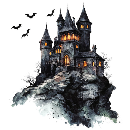 haunted house, gothic castle, dark gray, charcoal black, golden yellow, orange glow, spooky, halloween, bats, creepy, illuminated windows, stone castle, medieval, dark fantasy, moody, atmospheric, eerie, witchy, autumn, october, horror, supernatural, gothic architecture, fantasy castle, dark academia, dramatic, atmospheric landscape, watercolor style, gothic aesthetic