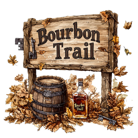bourbon trail, wooden sign, whiskey barrel, bourbon bottle, autumn leaves, brown tones, amber colors, rustic design, fall foliage, vintage keys, weathered wood, fabric panel, quilting cotton, distressed finish, oak leaves, golden brown, burnt orange, sepia tones, countryside scene, aged appearance
