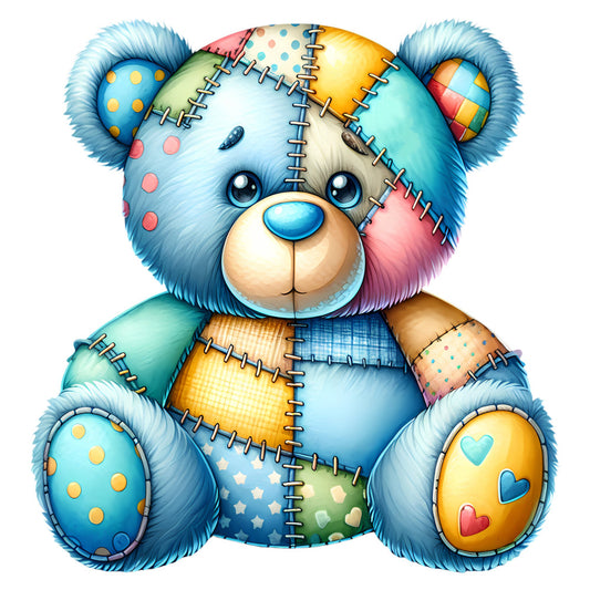 patchwork teddy bear, whimsical, soft blue, sky blue, turquoise, cream, tan, golden yellow, coral pink, lavender, pastel colors, stitched design, appliqué, polka dots, geometric patterns, hearts, stars, cute animals, children's, baby quilt, nursery, playful, colorful, mixed patterns, decorative stitching, folk art, charming, sweet, soft and cuddly