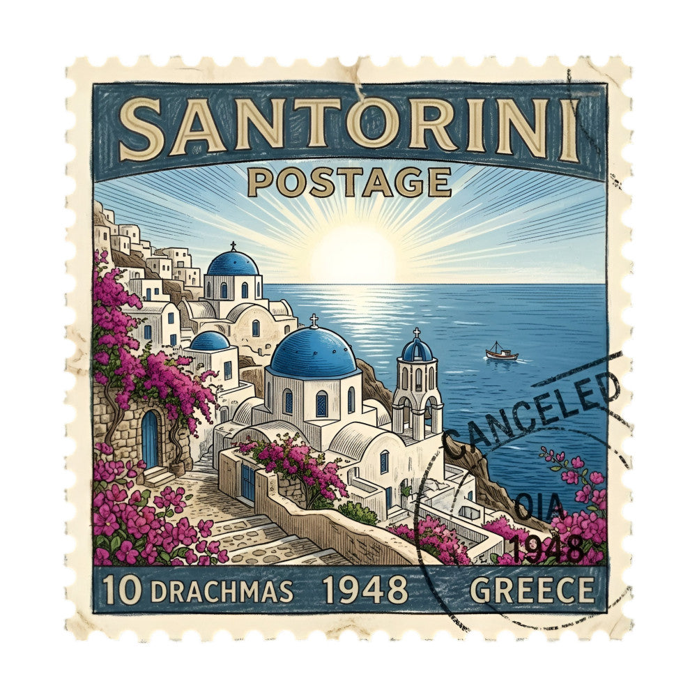 vintage travel, santorini, greece, postage stamp, travel themed, navy blue, cream white, magenta flowers, bougainvillea, mediterranean, coastal, seaside, architecture, whitewashed buildings, blue domes, churches, nautical, retro design, 1948, historical, elegant, traditional, romantic, european landscape, ocean view, sunset, travel souvenirs, stamp design, home decor, wall art