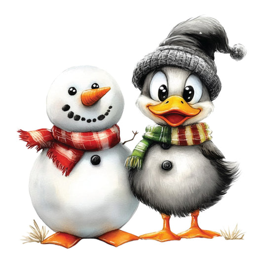 whimsical duck, winter snowman, red plaid scarf, green striped scarf, orange carrot nose, black buttons, gray knit hat, white snow, orange webbed feet, fabric panel, quilting cotton, winter theme, holiday characters, cute animals, watercolor style, cheerful illustration, seasonal motif, craft panel, sewing project