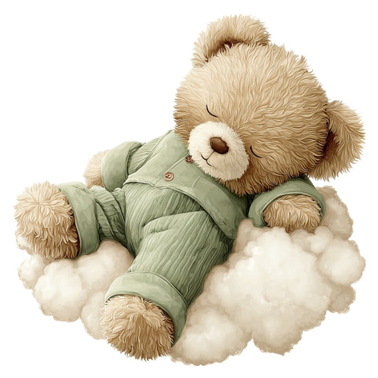 teddy bear, sage green, cream, soft toy, sleeping bear, whimsical, nursery, baby, clouds, cuddly, children's, adorable, sweet, gentle, pastel, stuffed animal, cozy, comfort, dreamy, serene, peaceful, lullaby, bedtime, infant, toddler, playful, cute animals, fuzzy, warm, soothing