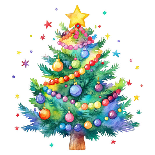 christmas tree, holiday, festive, ornaments, baubles, decorative balls, stars, yellow star, gold star, colorful ornaments, evergreen, pine branches, winter, christmas, seasonal, whimsical, watercolor, painted, illustrated, rainbow colors, forest green, teal, purple, blue, yellow, red, pink, coral, gold, multicolor