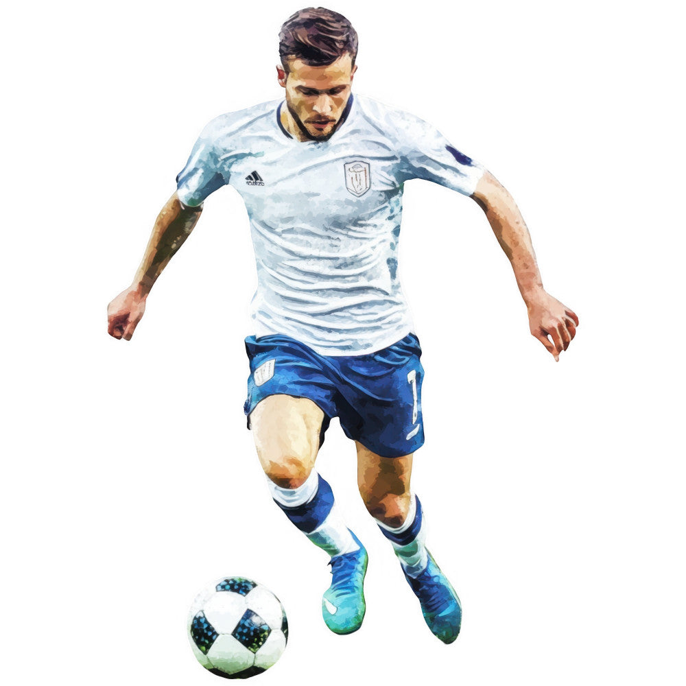 soccer player, sports, athletic, light blue, navy blue, white, blue shorts, adidas, watercolor, painted effect, abstract, modern, sports theme, football, athletic wear, male figure, action pose, ball, soccer ball, masculine, contemporary, sports fan, athletic style, dynamic pose, youth sports, team sports, competitive, training, athletic illustration