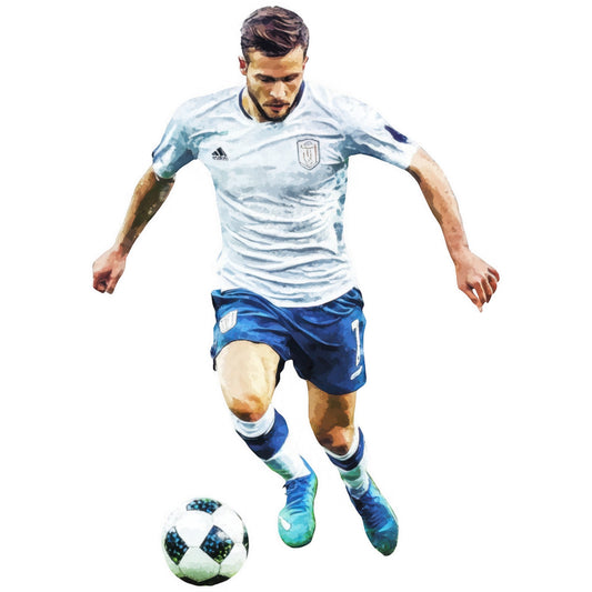 soccer player, sports, athletic, light blue, navy blue, white, blue shorts, adidas, watercolor, painted effect, abstract, modern, sports theme, football, athletic wear, male figure, action pose, ball, soccer ball, masculine, contemporary, sports fan, athletic style, dynamic pose, youth sports, team sports, competitive, training, athletic illustration