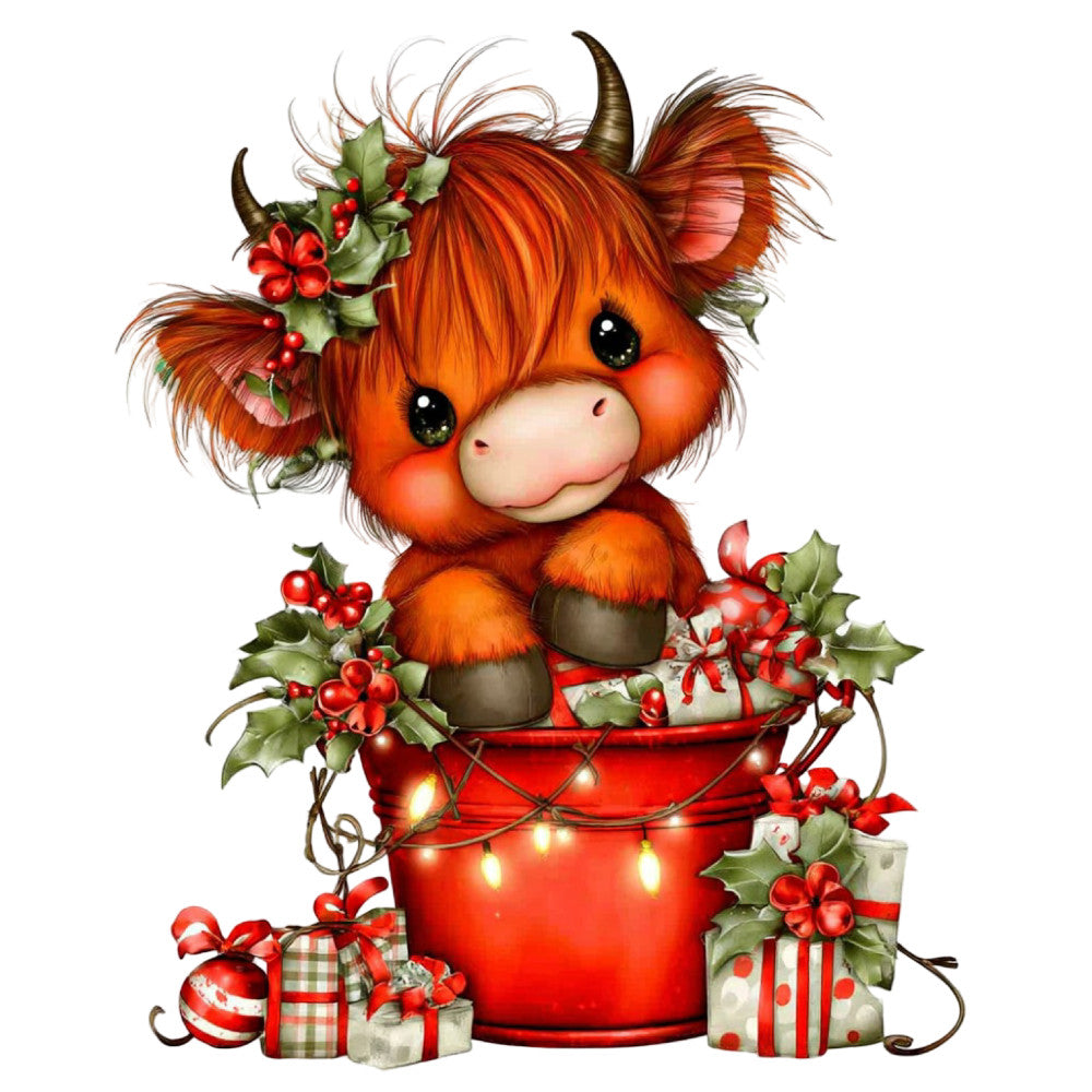 burnt orange, russet red, cream, forest green, whimsical, cute animals, highland cattle, highland cow, christmas, holiday, festive, winter, decorative gifts, holly berries, red berries, bows, ribbons, ornaments, string lights, rustic, vintage, farmhouse, illustration style, children's, baby, nursery, gift boxes, presents, seasonal décor
