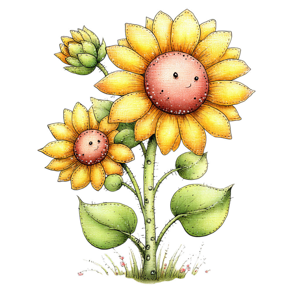 sunflower, golden yellow, coral pink, sage green, whimsical, nature, botanical, floral, cute faces, smiling flowers, cheerful, spring, summer, children's, baby, playful, illustration, hand-drawn, vintage style, garden, sunflowers with faces, leaf motifs, green stems, rustic charm, sweet, innocent, pastoral, cottage core