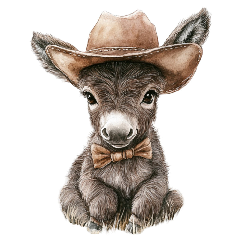 cowboy donkey, western, rustic, farmhouse, whimsical, cute animals, bowtie, tan, brown, cream, beige, taupe, gray, neutral tones, humorous, playful, country, novelty, children's, baby, adorable, dressed up animals, anthropomorphic, vintage western, folk art, watercolor style, portrait, animal lover, farm theme, southwest