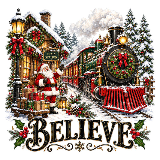 christmas, santa, train, vintage, holiday, festive, winter, snow, red, green, gold, cream, forest green, holly, wreaths, bows, red bows, evergreen, snowy landscape, traditional, nostalgic, whimsical, elegant, steampunk train, locomotive, gift boxes, presents, lanterns, magical, believe