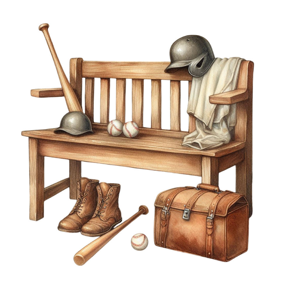 baseball, vintage sports, nostalgic, americana, wooden bench, leather boots, helmet, bat, baseball glove, trunk, cream, tan, brown, natural wood tones, masculine, sports themed, vintage americana, retro, classic, timeless, boys room, man cave, athletic, heritage, traditional, warm tones, antique, collectible, sports memorabilia, child's room