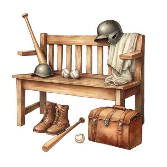 baseball, vintage sports, nostalgic, americana, wooden bench, leather boots, helmet, bat, baseball glove, trunk, cream, tan, brown, natural wood tones, masculine, sports themed, vintage americana, retro, classic, timeless, boys room, man cave, athletic, heritage, traditional, warm tones, antique, collectible, sports memorabilia, child's room