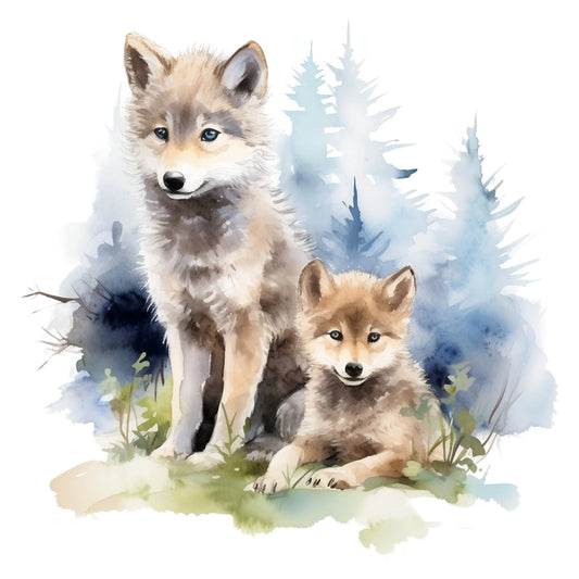 wolf pups, watercolor style, soft pastels, blue tones, cream colors, brown hues, forest scene, evergreen trees, wildlife art, fabric panel, quilting cotton, nature theme, woodland animals, cute animals, artistic rendering, gentle mood, outdoor scene, pine trees, grass patches, animal family