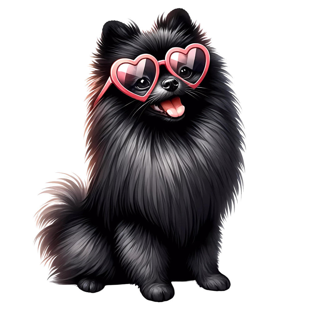 black, pink, heart-shaped sunglasses, fluffy dog, pomeranian, cute animals, whimsical, playful, fun, love-themed, valentine's day, romantic, long-haired dog, puppy print, animal motifs, cheerful, quirky, charming, illustrative, cartoon style, pet-themed, modern whimsical, black and pink, expressive eyes, smiling dog, festive, decorative accent, wall hanging, novelty print
