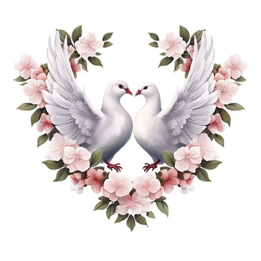 Spring White Doves Fabric Panel 7 featuring two white doves with raised wings surrounded by soft pink flowers and green leaves.