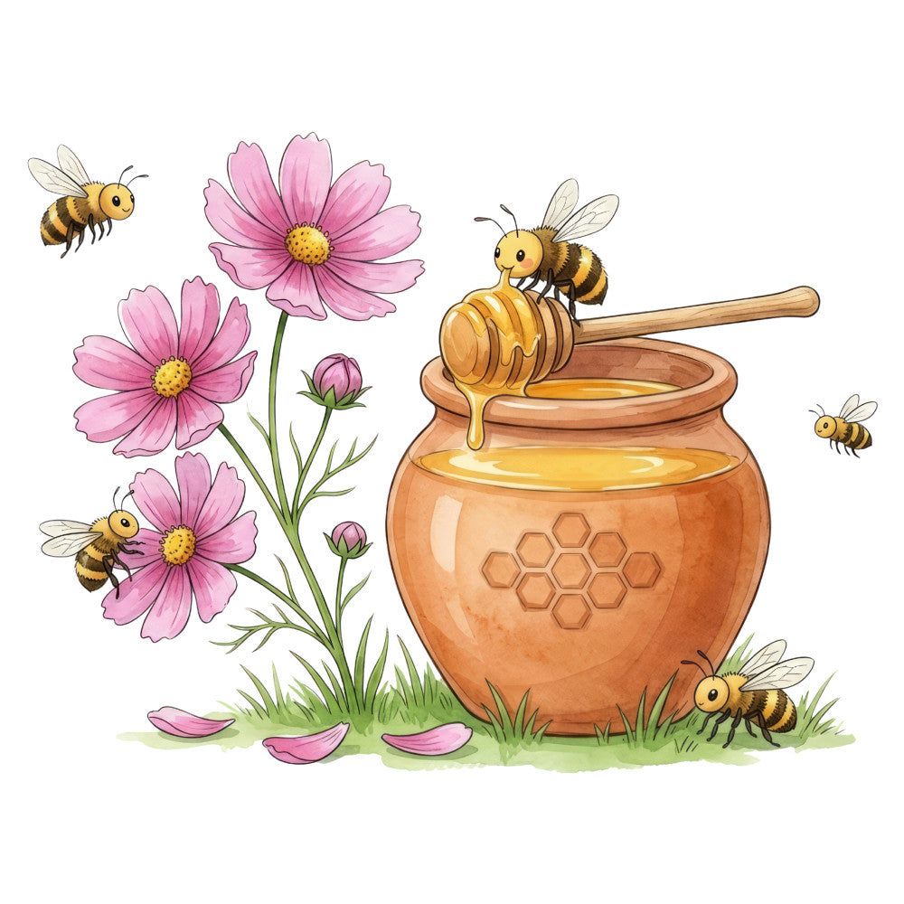 honey bee, bees, pink cosmos flowers, pink flowers, floral, nature, garden, spring, summer, whimsical, cute, sweet, honey pot, honeycomb, yellow, golden yellow, coral pink, rose pink, green, grass, insects, pollinator, farmhouse, cottage, rustic, traditional, children's, baby, nature-themed, botanical