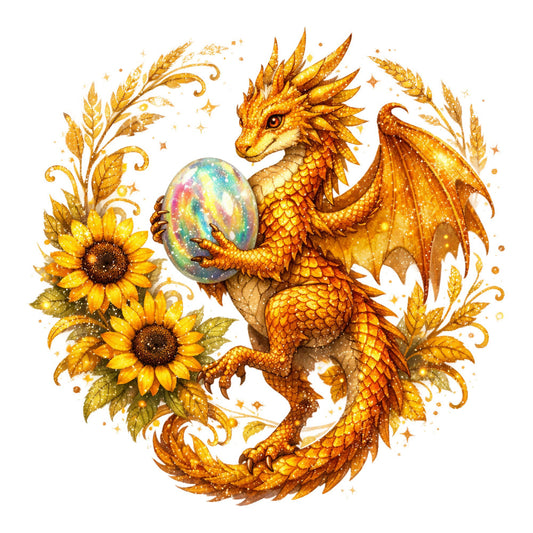 gold dragon, golden yellow, burnt orange, iridescent egg, sunflower, wheat, autumn, fantasy, magical, whimsical, celestial, nature-inspired, dragon theme, floral border, ornamental, elegant, mystical, seasonal, harvest, fall, decorative panel, wall hanging, golden tones, sparkle, shimmer, ornate, storybook style