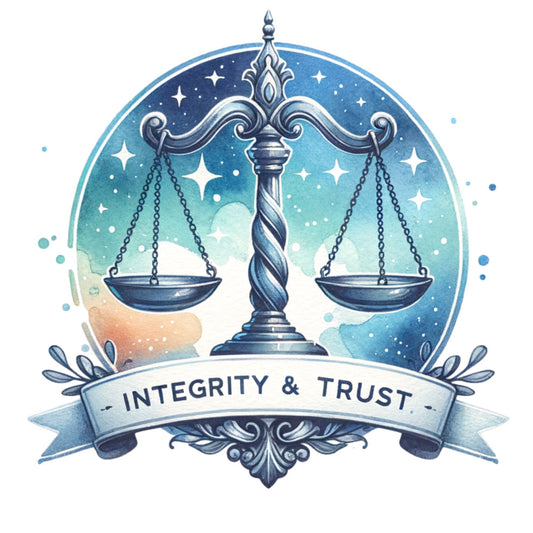 scales of justice, integrity and trust, celestial, starry night, navy blue, teal, turquoise, aqua, cream, gold accents, ornamental, elegant, vintage, celestial theme, stars, legal theme, justice symbol, balanced scales, decorative banner, whimsical, inspirational, professional, institutional, formal, sophisticated, night sky, cosmic, ethereal, motivational design