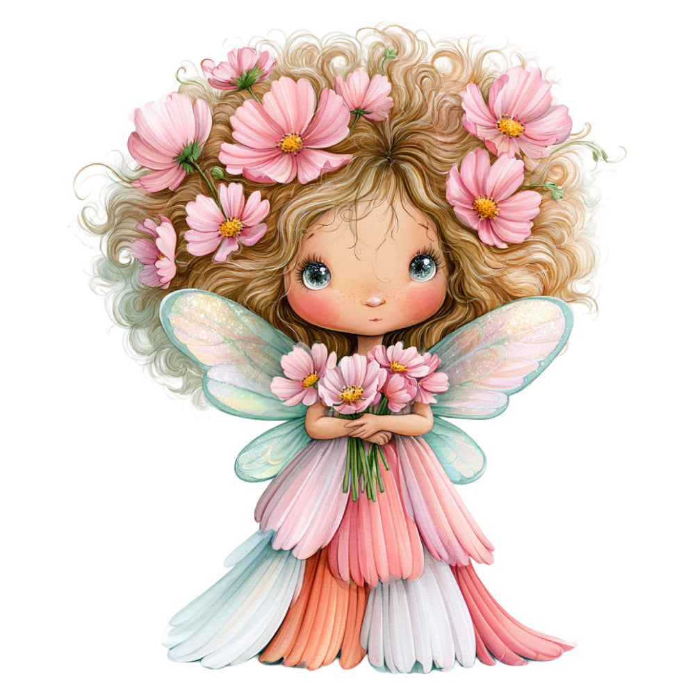 fairy, whimsical, flower girl, pink cosmos, iridescent wings, pastel pink, soft green, cream, blush, coral, peach, fairy tale, fantasy, magical, spring, nature, flowers, botanical, children's, nursery, baby, storybook, vintage illustration, sweet, delicate, ethereal, garden, floral dress, panel print, apparel fabric