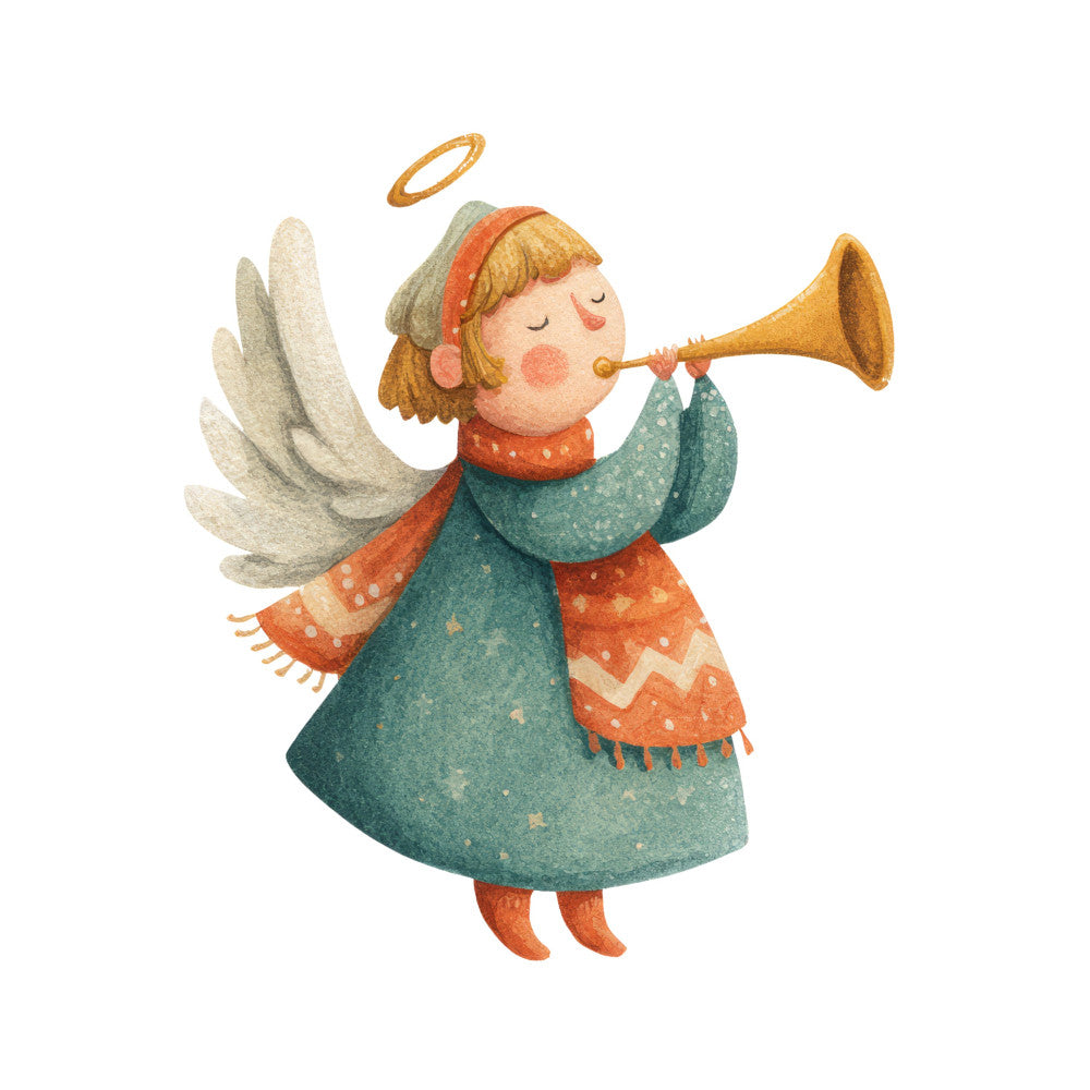 angel, celestial, christmas, cream, festive, gold, golden, green, halo, holiday, illustrated, illustration, nativity, religious, sage green, spiritual, teal, trumpet, vintage, whimsical, winter, winged figure, celestial being, character design, nostalgic, retro, decorative, festive season, children's, cherub
