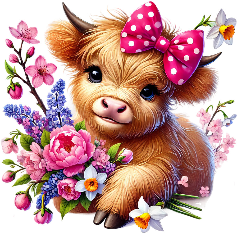 Springtime Highland Cows Fabric Panel 8 featuring a cute Highland cow with a pink polka dot bow and vibrant spring flowers bouquet.