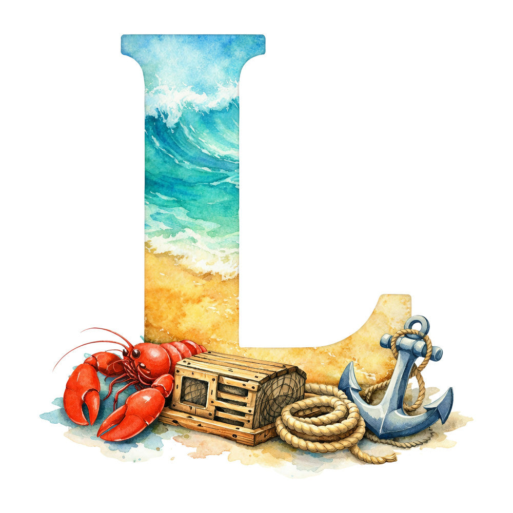 ocean waves, beach scene, nautical, seaside, turquoise, aqua blue, sandy yellow, coral red, lobster, anchor, rope, coastal, summer, seashell, watercolor, whimsical, tropical, maritime, letter i, alphabet, children's, seaside adventure, sandy beach, wave pattern, ocean blue, cream white, rustic, vintage, coastal charm