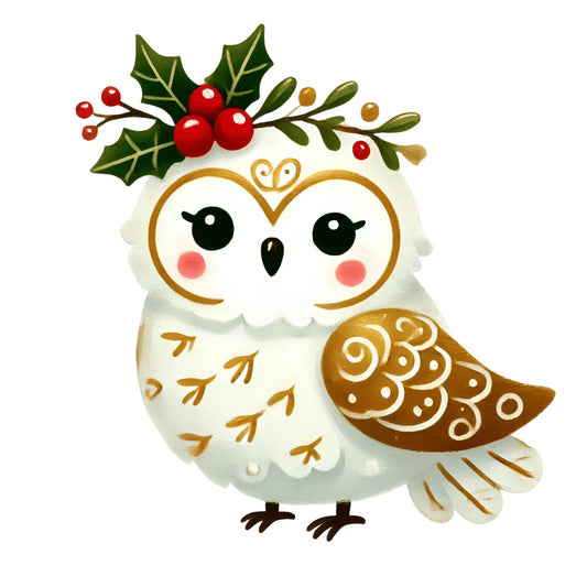 owl, christmas, holiday, winter, festive, cream, gold, brown, red, green, holly, berries, whimsical, cute, decorative, nature, animals, birds, seasonal, rustic, traditional, festive decor, home decor, wall hanging, baby, children, folk art, woodland, natural, botanical