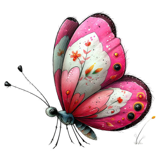 hot pink, magenta, coral, cream white, navy blue, floral, butterfly, nature, whimsical, botanical, spring, summer, garden, wings, decorative circles, eye spots, elegant, artistic, hand-painted style, insects, vibrant, playful, children's, nursery, delicate, detailed illustration, fantasy, cottage core, boho chic, dimensional