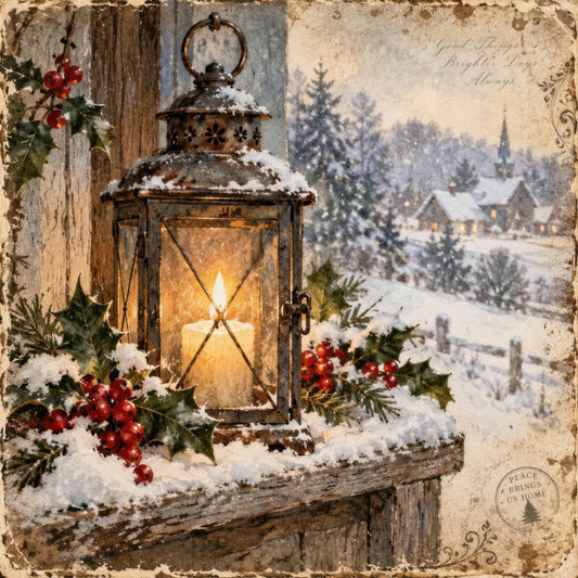 winter christmas, snowy landscape, vintage holiday, rustic cabin, lantern, candlelight, holly berries, red berries, evergreen trees, snow-covered, warm gold, cream, antique, traditional, farmhouse style, nostalgic, festive, holiday greeting, winter scenery, forest, church steeple, peaceful, cozy, victorian, heritage, natural tones, distressed finish, seasonal decor, christmas wall hanging
