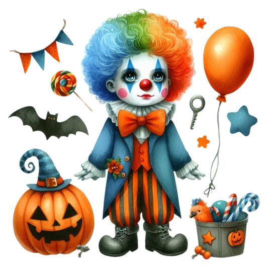 whimsical clown, rainbow hair, orange balloon, halloween pumpkin, blue and orange, candy corn colors, striped pants, bow tie, jack-o-lantern, bat, wizard hat, lollipop, stars, festive, playful, autumn, halloween theme, children's design, vintage circus, spooky-cute, party decorations, novelty print, bright colors, charming characters, fall season, trick-or-treat, costume character, decorative motifs, cheerful mood