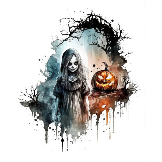 halloween, gothic, spooky, autumn, fall, jack-o-lantern, pumpkin, ghost, dark academia, watercolor, abstract, splatter, haunted, creepy, eerie, mystical, dark teal, charcoal gray, burnt orange, pale gray, bare branches, dead trees, grungy, moody, dark whimsical, horror, seasonal, trick-or-treat, all hallows eve, ethereal