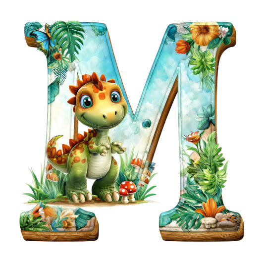 dinosaur, letter m, tropical leaves, butterfly, mushroom, green, orange, turquoise, blue, yellow, cartoon style, cute dinosaur, jungle theme, fabric panel, quilting cotton, children's fabric, prehistoric, nature elements, bright colors, whimsical design, educational alphabet