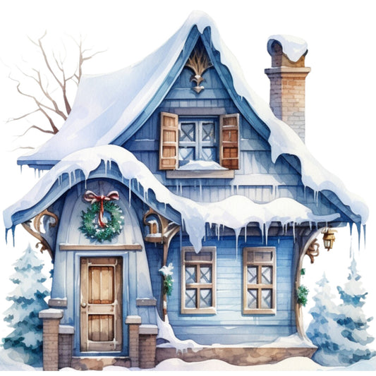 Watercolor Winter Houses Fabric Panel 7