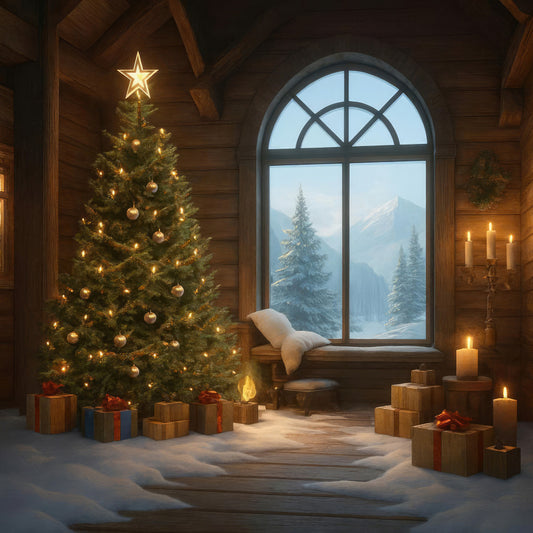 christmas, holiday, winter, snow, mountain landscape, cozy cabin, fireplace, candles, decorated tree, gold star, warm lighting, warm white, cream, gold, forest green, deep brown, warm amber, rustic, traditional, festive, elegant, peaceful, scenic, nature, snowy scene, gift boxes, presents, window view, architectural, cabin decor