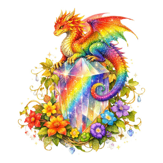 rainbow dragon, fantasy, celestial, magical, whimsical, dragon, crystal, gemstone, iridescent, vibrant multi-color, red, orange, yellow, green, blue, purple, pink, gold accents, floral, flowers, nature, sparkle, glitter, enchanted, fairy tale, mystical, bohemian, decorative panel, wall art, garden theme