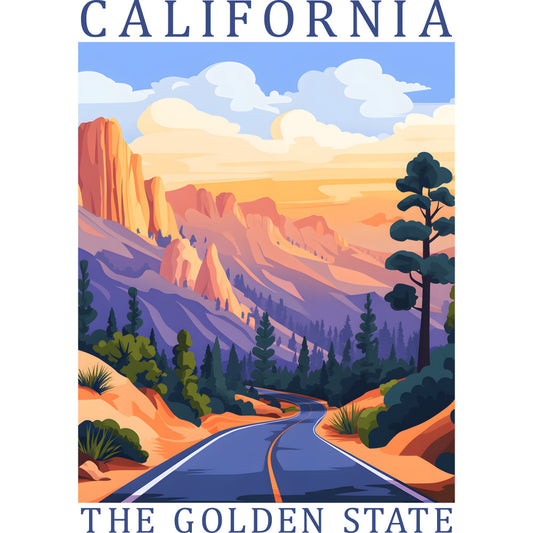 california poster, golden state, vintage travel, scenic landscape, mountain vista, winding road, pine trees, sunset colors, orange cliffs, purple mountains, blue sky, white clouds, fabric panel, quilting cotton, retro illustration, national park, desert highway, warm palette, travel theme, scenic route