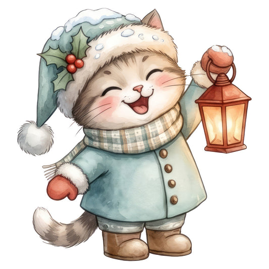 cute cat, christmas, holiday, winter, festive, whimsical, sage green, cream, red berries, holly, lantern, striped scarf, plaid, snow, cheerful, smiling cat, kawaii, children's, baby, playful, rustic, vintage, seasonal, cozy, warm, illustration style, charming, joyful, traditional holiday
