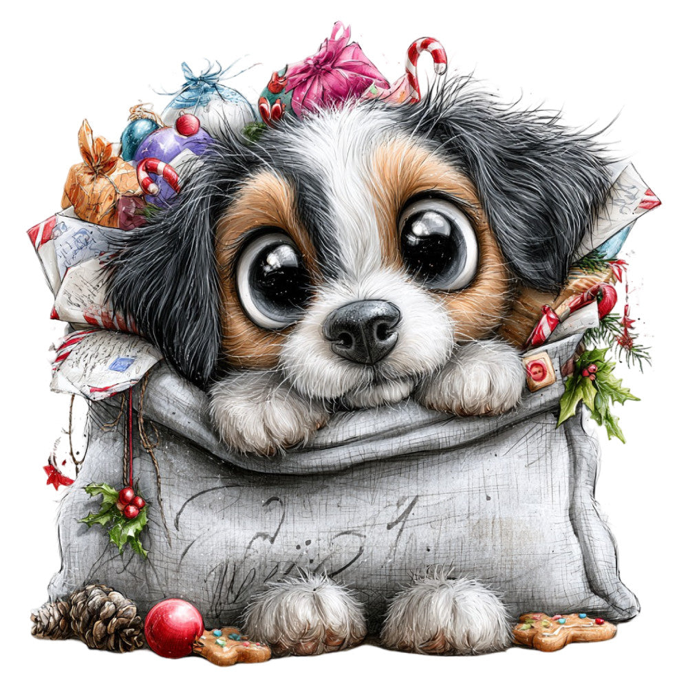 cute puppy, dog, spaniel, holiday, christmas, festive, winter, cream, white, tan, black, brown, bronze, red, candy cane, gift box, ornaments, holly, pine cones, gingerbread cookies, whimsical, playful, children's, baby, animal lover, greeting card style, decorative, illustration, charming, sweet