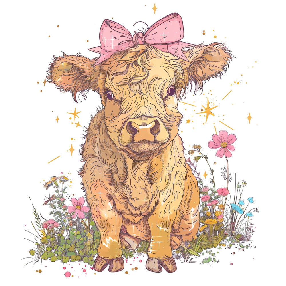 golden brown, dusty rose, blush pink, cream, soft yellow, cow, highland cattle, floral, nature, whimsical, farmhouse, celestial, stars, sparkles, flowers, daisies, cosmos, botanical, spring, summer, cute, sweet, decorative bow, rustic, country, animal themed, pastel, charming, garden, wildflowers