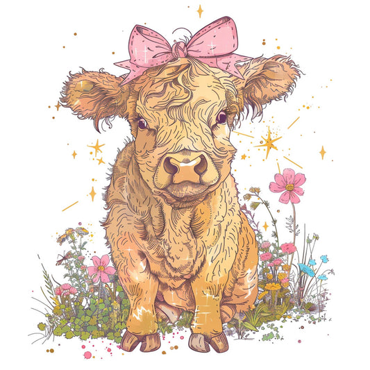 golden brown, dusty rose, blush pink, cream, soft yellow, cow, highland cattle, floral, nature, whimsical, farmhouse, celestial, stars, sparkles, flowers, daisies, cosmos, botanical, spring, summer, cute, sweet, decorative bow, rustic, country, animal themed, pastel, charming, garden, wildflowers