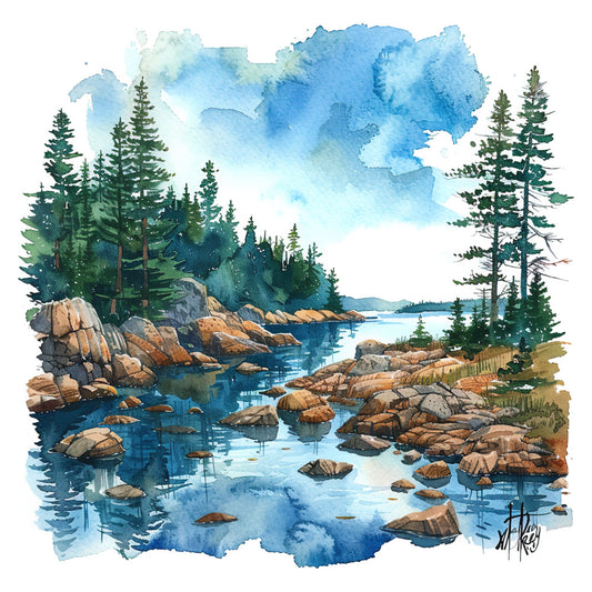 forest green, sky blue, navy blue, tan, brown, golden brown, watercolor, landscape, nature, trees, evergreen, pine trees, lake, water, rocks, mountains, scenic, wilderness, rustic, peaceful, calm, serene, outdoor, cabin, lodge, hiking, camping, contemplative, autumn, fall colors