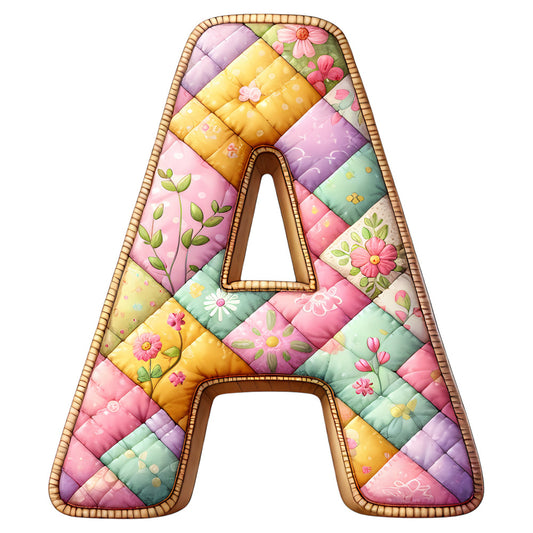 pastel pink, soft yellow, lavender purple, mint green, floral, daisies, cosmos flowers, spring, summer, nature, whimsical, quilted, patchwork, baby quilt, nursery, children's fabric, soft colors, botanical, leaf motifs, flower petals, sweet, gentle, traditional, charming, decorative letter, alphabet, cotton print, colorful blooms