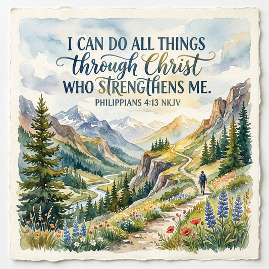 mountain landscape, navy blue, forest green, cream, gold, wildflowers, poppies, lupine, inspirational quote, religious, christian faith, scripture verse, hiking trail, nature scene, scenic vista, evergreen trees, pine trees, watercolor style, artistic, spiritual, motivational, pastoral, rustic, elegant, natural colors, earth tones, sky blue, rock formations, valley view, outdoor adventure