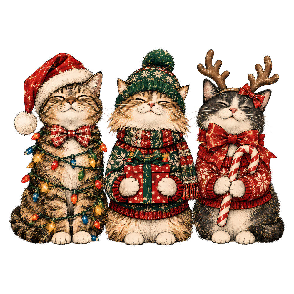 christmas cats, holiday cats, festive felines, tabby cats, cat lover, red santa hat, green knit hat, reindeer antlers, christmas sweater, candy cane, holiday sweater, plaid bow, red bow, gold lights, christmas lights, candy cane motif, knit pattern, fair isle, cozy holiday, christmas animals, festive animals, whimsical cats, playful cats, red and green, forest green, candy apple red, gold accents, traditional christmas, vintage holiday, cheerful holiday