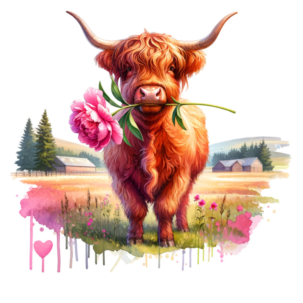 highland cattle, long horned bull, rustic farmhouse, farm animals, pink peony, floral, watercolor, rustic, whimsical, countryside, barn landscape, spring, summer, coral orange, burnt orange, dusty rose, hot pink, sage green, cream, earth tones, nature, pastoral, romantic, folk art, botanical, heart motif, artistic, decorative panel, home decor, wall art
