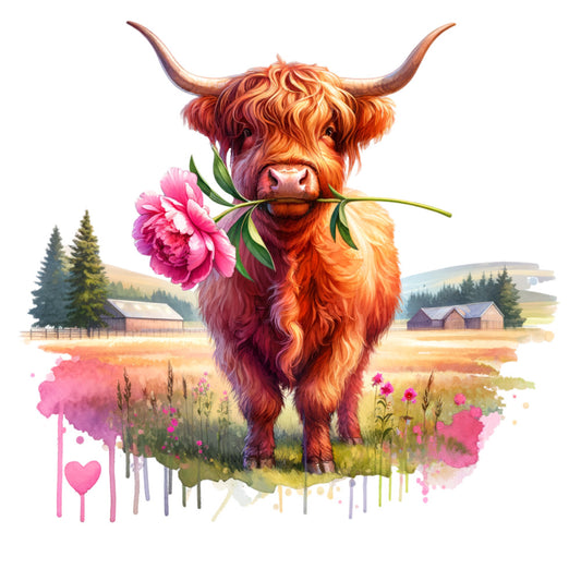 highland cattle, long horned bull, rustic farmhouse, farm animals, pink peony, floral, watercolor, rustic, whimsical, countryside, barn landscape, spring, summer, coral orange, burnt orange, dusty rose, hot pink, sage green, cream, earth tones, nature, pastoral, romantic, folk art, botanical, heart motif, artistic, decorative panel, home decor, wall art