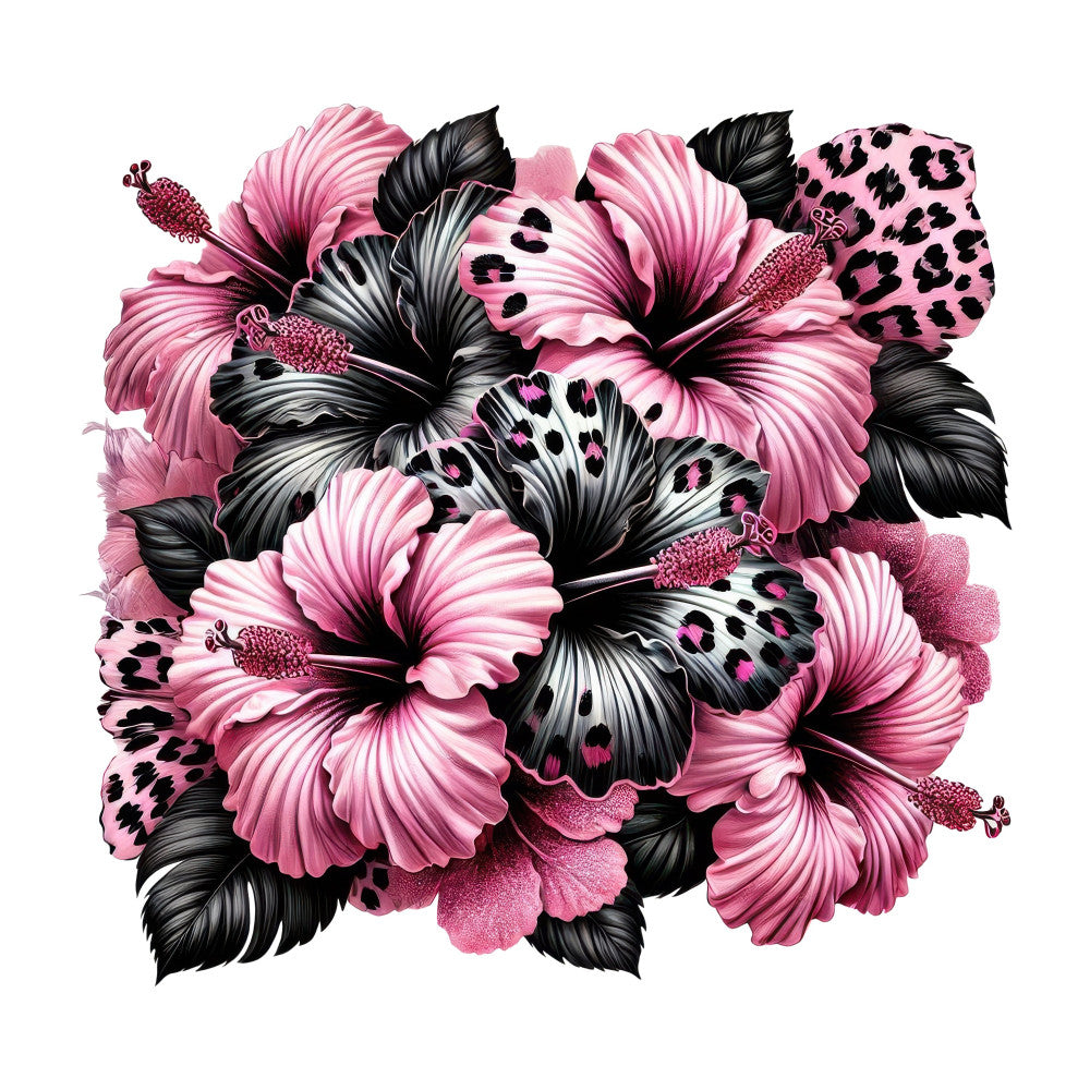 hot pink, black, white, fuchsia, magenta, leopard print, animal print, floral, flowers, hibiscus, gerbera daisy, botanical, nature, butterflies, insects, wildlife, elegant, modern, bold, dramatic, contemporary, statement, vibrant, artistic, detailed, dense composition, bohemian, feminine, tropical, summer