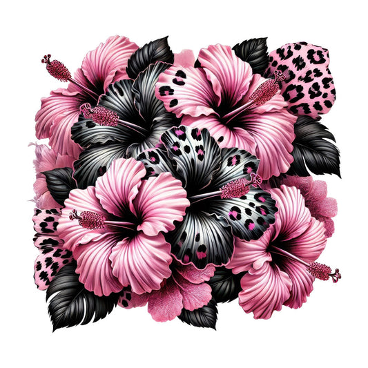 hot pink, black, white, fuchsia, magenta, leopard print, animal print, floral, flowers, hibiscus, gerbera daisy, botanical, nature, butterflies, insects, wildlife, elegant, modern, bold, dramatic, contemporary, statement, vibrant, artistic, detailed, dense composition, bohemian, feminine, tropical, summer