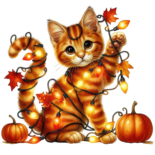 orange cat, autumn, fall, halloween, thanksgiving, orange, golden yellow, amber, warm tones, whimsical, cute, playful, cat, kitten, animals, string lights, fairy lights, pumpkins, maple leaves, seasonal, holiday decor, festive, cozy, enchanting, decorative panel, wall hanging, children's fabric, pet theme, nature-inspired