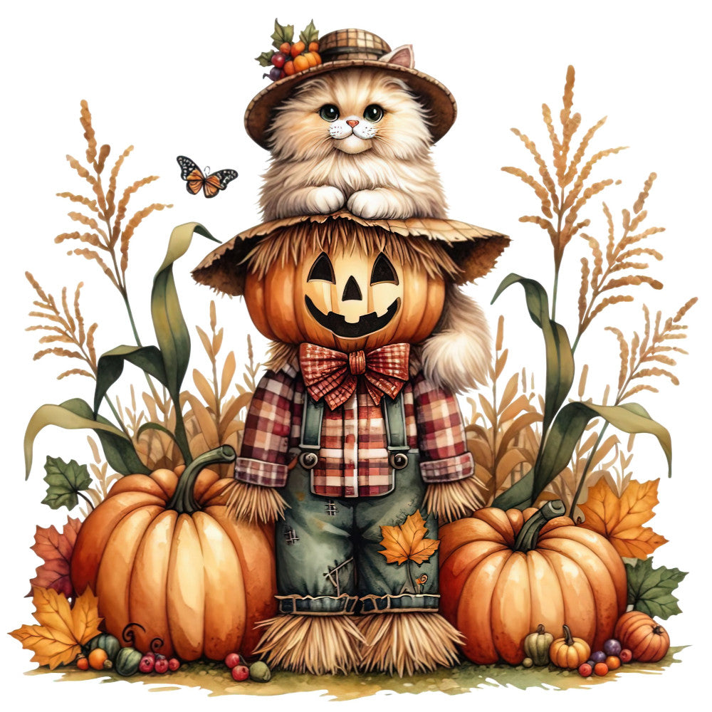 autumn, fall, halloween, thanksgiving, harvest, pumpkin, scarecrow, cat, kitten, plaid, plaid bow, gingham, checkered, orange, cream, tan, brown, rust, forest green, wheat, corn stalks, dried corn, leaves, fall leaves, pumpkins, jack-o-lantern, whimsical, rustic, farmhouse, countryside